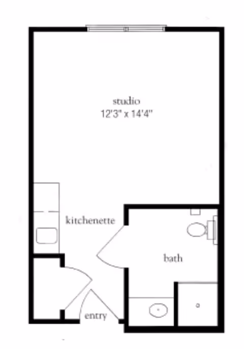 Floor plan of a studio apartment at Atria Southpoint Walk showing an entry area leading to a kitchenette, a main studio room measuring 12 feet 3 inches by 14 feet 4 inches, and a bathroom with a toilet, sink, and shower.