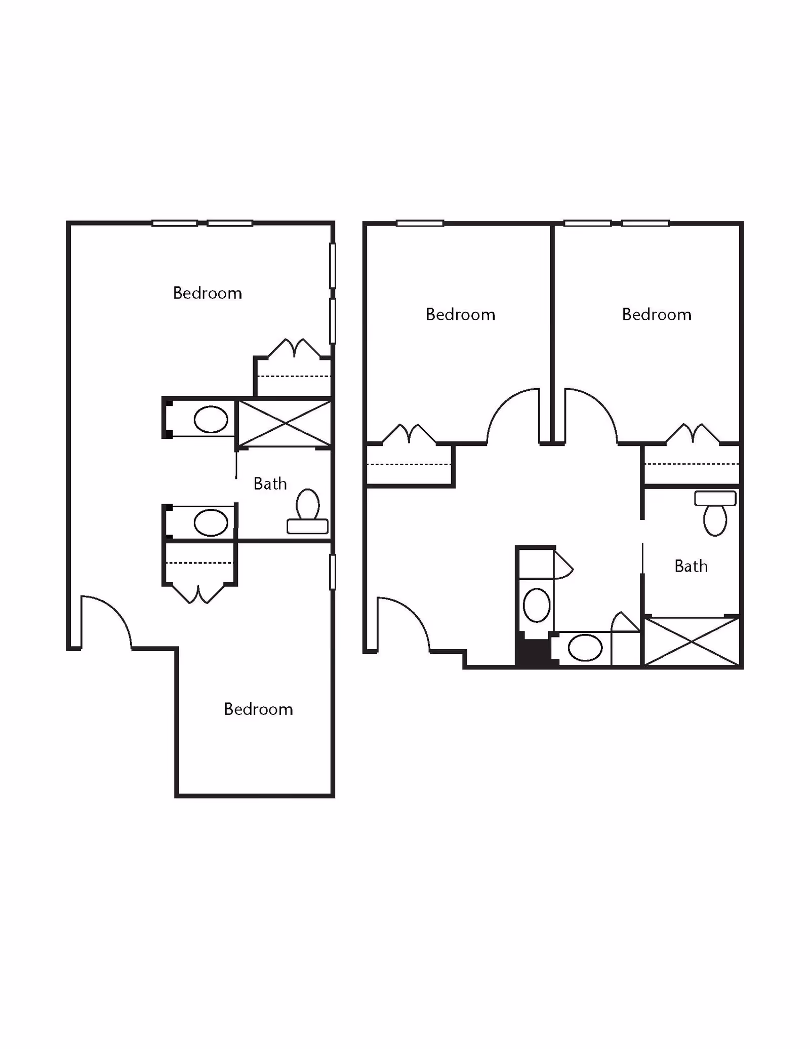 Architectural floor plan showing layouts of two separate living units, each with bedrooms and bathrooms labeled. The left unit has two bedrooms and one bathroom, while the right unit has three bedrooms and one bathroom.