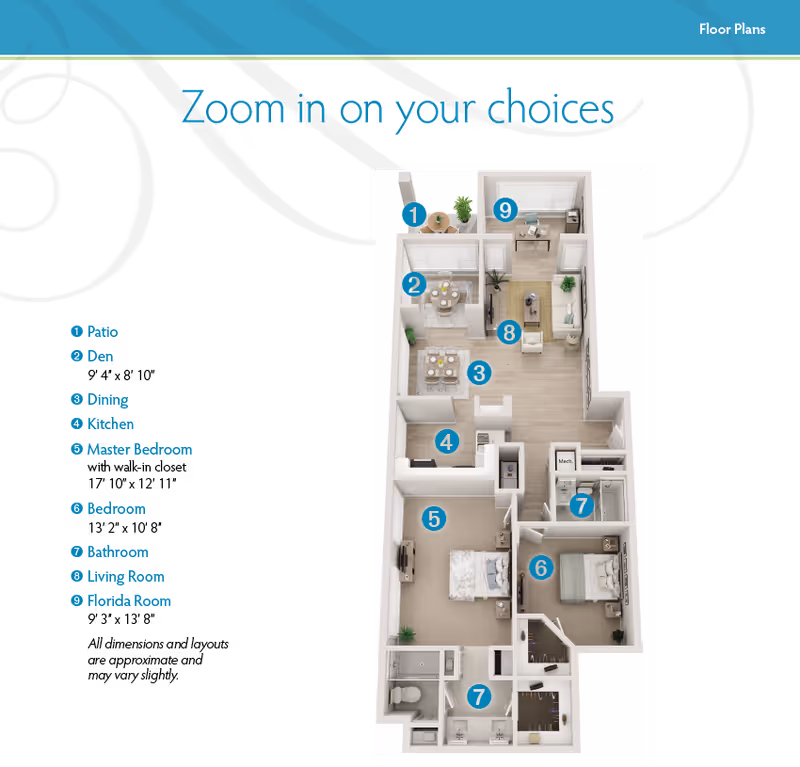 3D floor plan of a retirement living unit showing labeled areas including a patio, den, dining area, kitchen, master bedroom, bedroom, bathroom, living room, and Florida room.