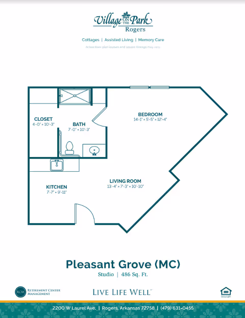 Floor plan of a studio apartment called Pleasant Grove (MC) at Village on the Park Rogers showing labeled kitchen, living room, bedroom, bath, and closet with dimensions.