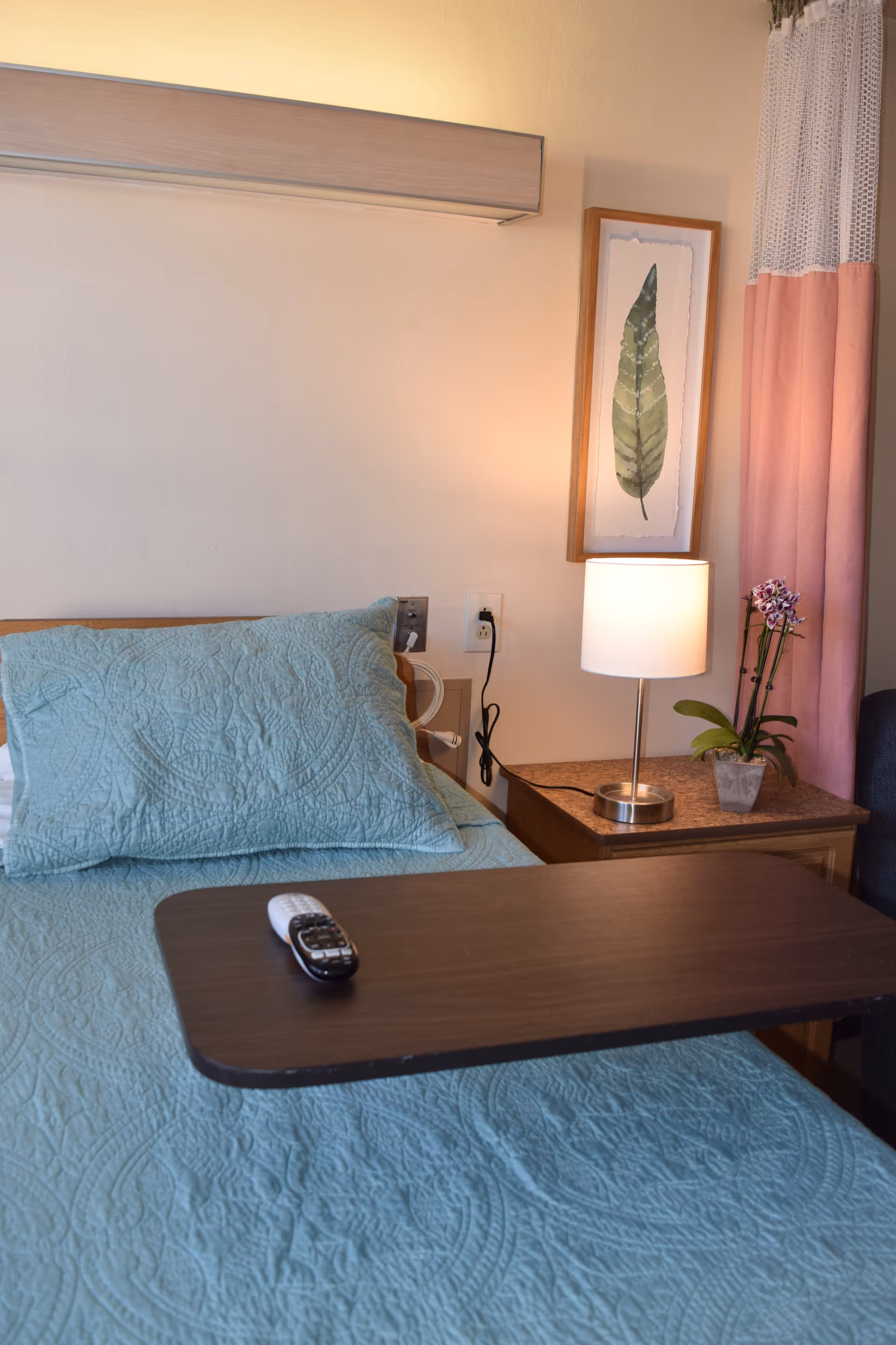 A hospital-style bed with a light blue quilted blanket and pillow. A dark brown overbed table with a remote control on it is positioned over the bed. Next to the bed is a wooden nightstand with a small lamp, a potted orchid plant, and a framed picture of a green leaf on the wall. Pink and white curtains are partially visible on the right side.