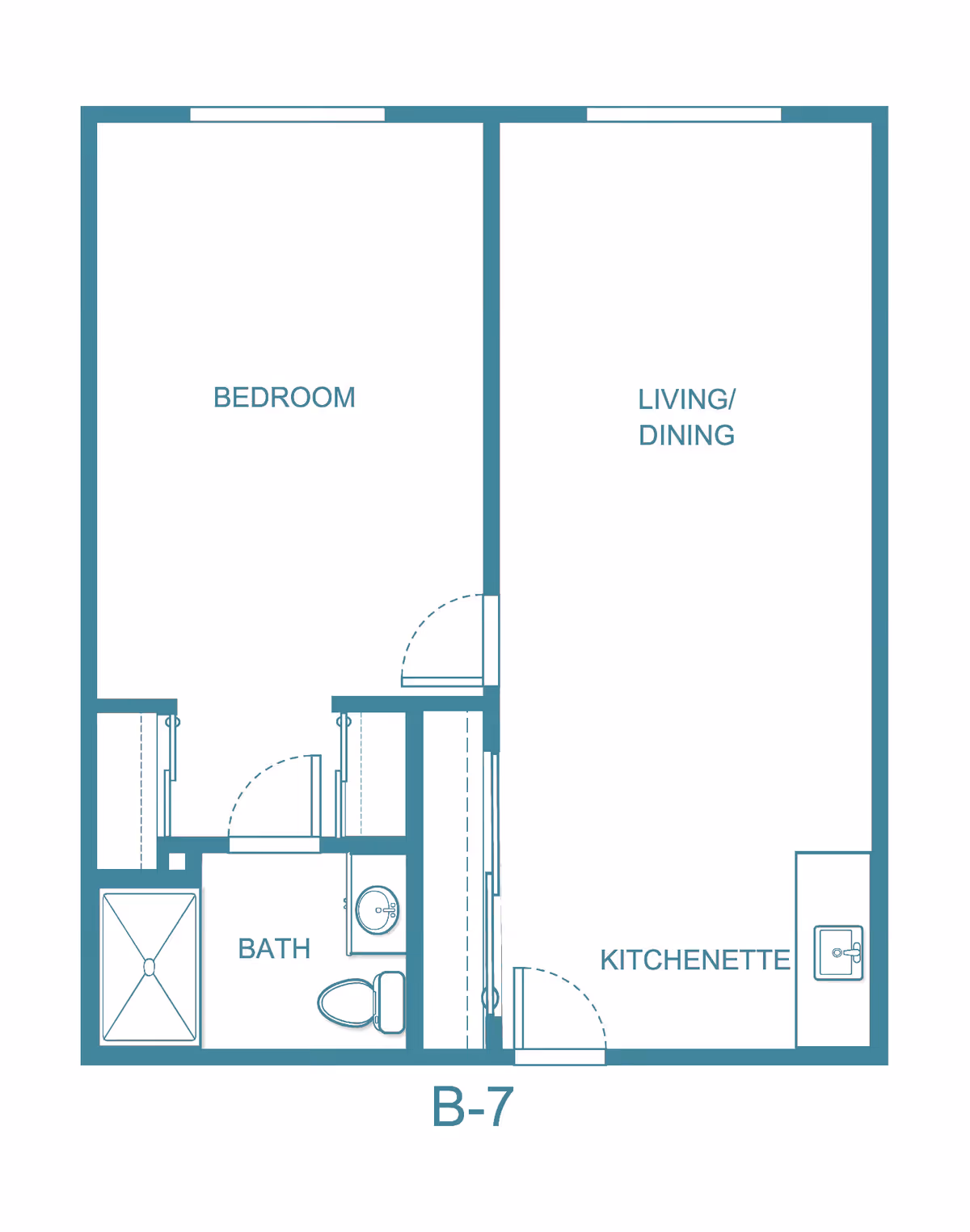 Floor plan layout of a senior living unit labeled B-7, showing a bedroom, bath with shower and toilet, living/dining area, and kitchenette with a sink.