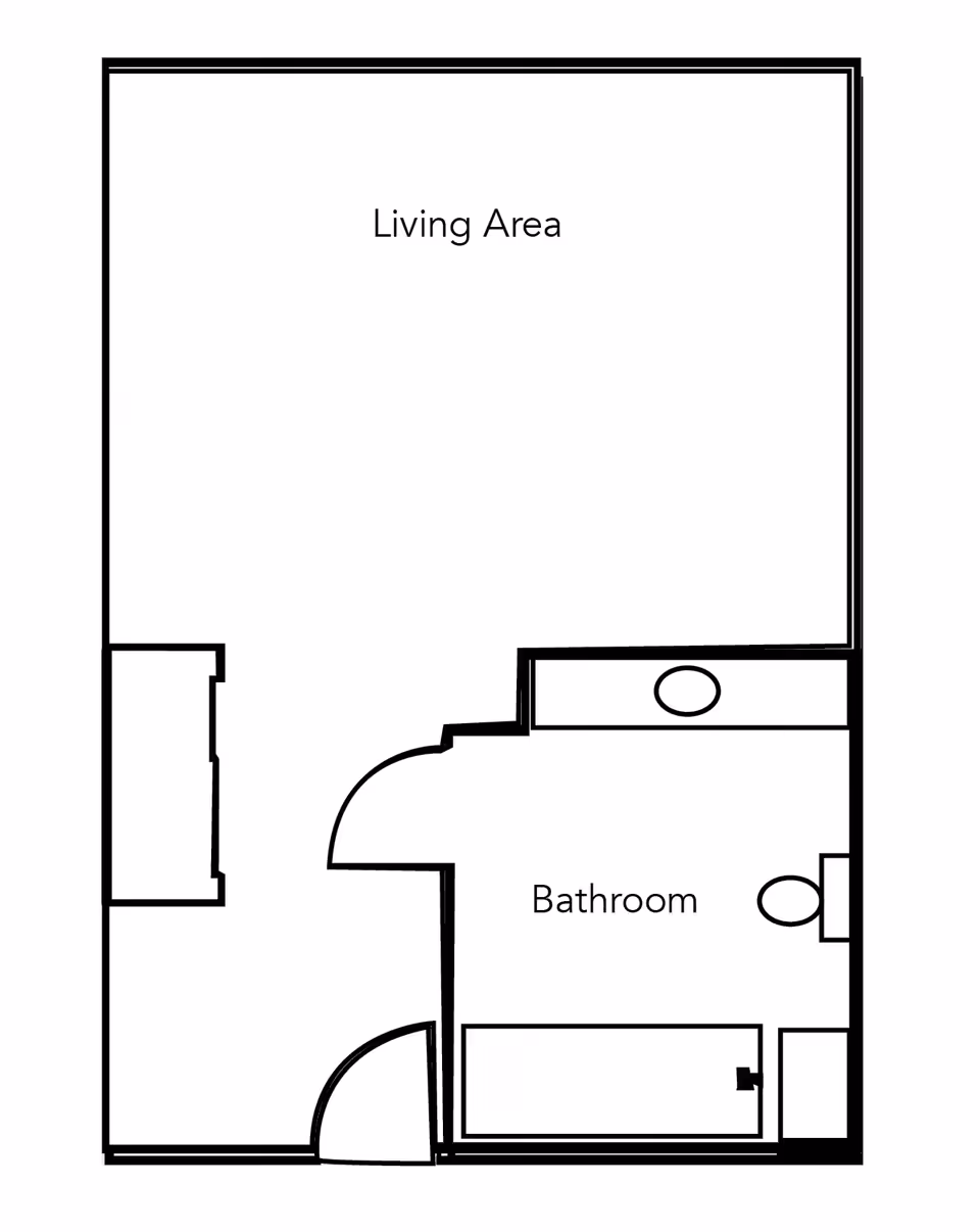 Floor plan showing a living area connected to a bathroom with a sink, toilet, and bathtub.