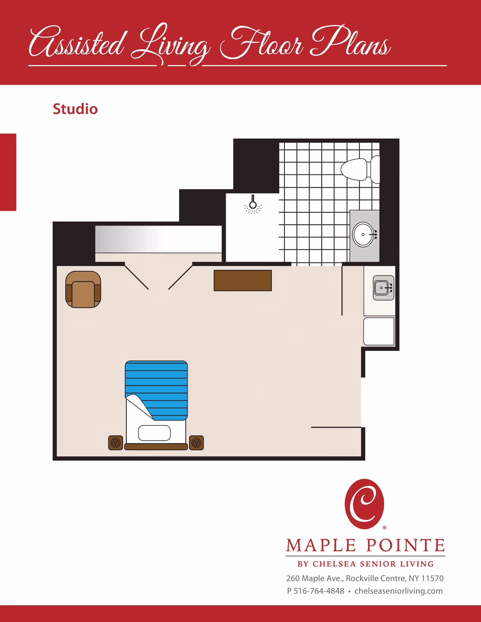 Studio assisted-living floor plan showing a bed, chair, kitchenette and bathroom with Maple Pointe branding.