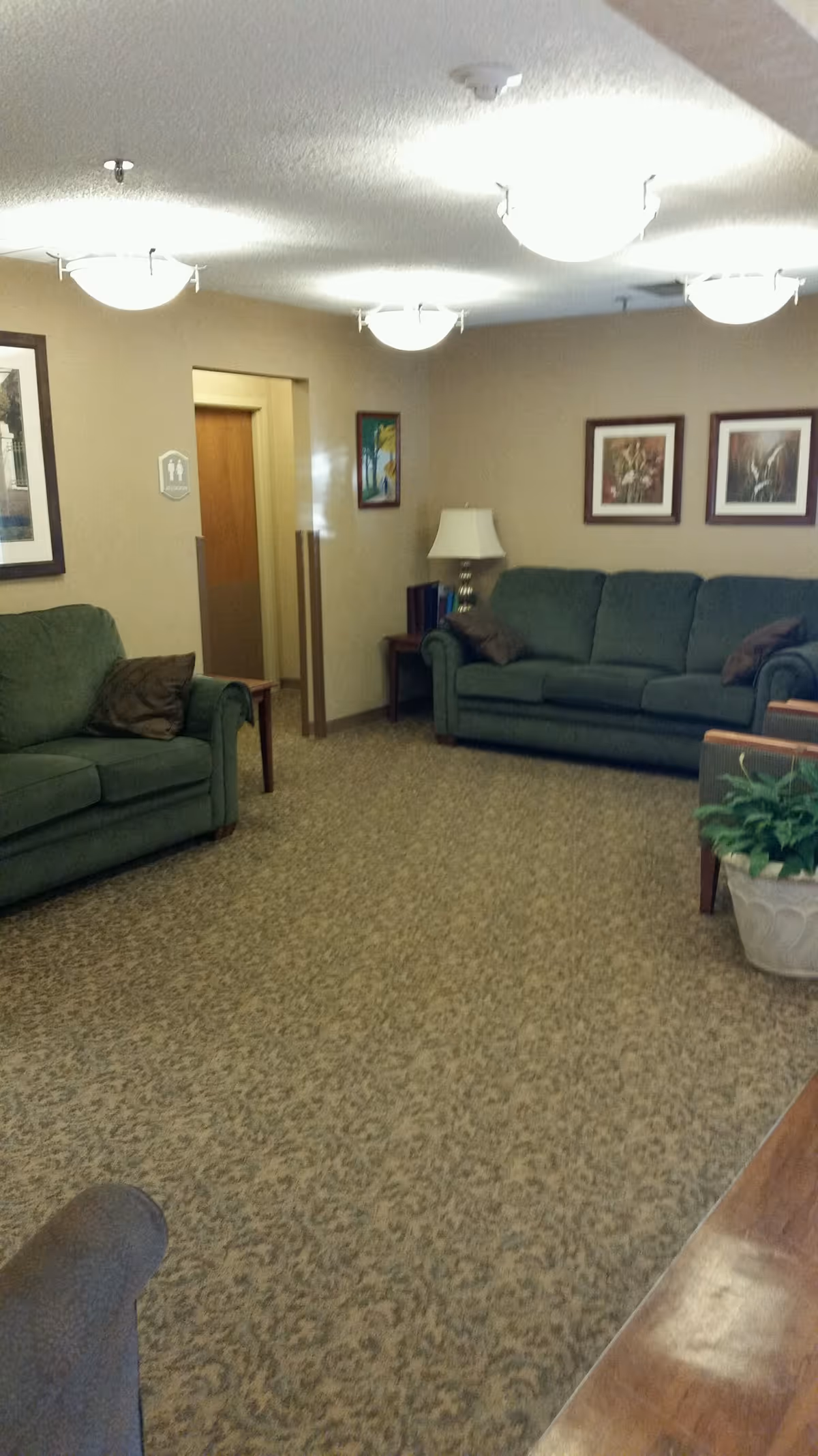 A carpeted common living room with green sofas, framed artwork, side tables and ceiling lights.