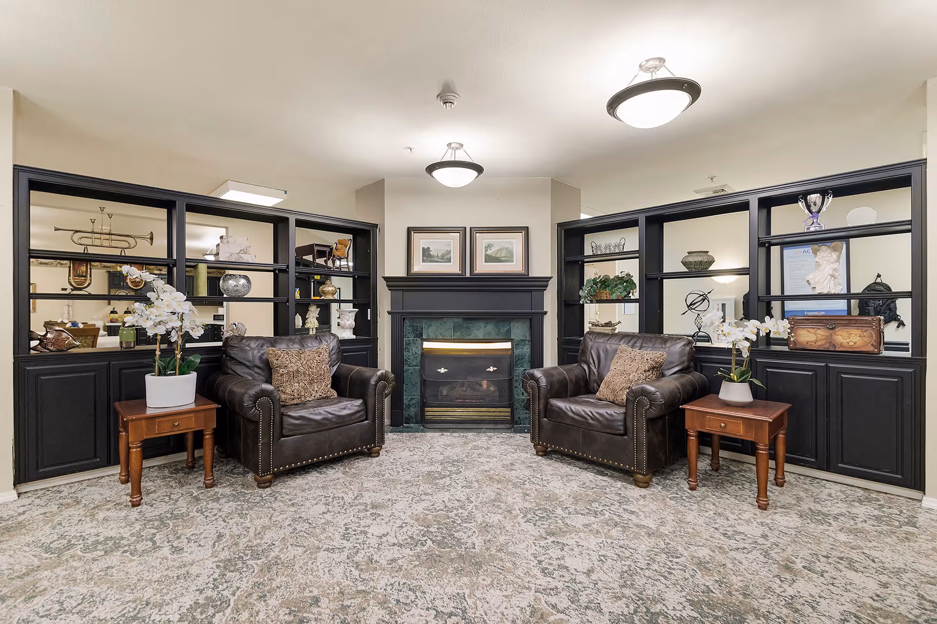 A cozy living room area with two dark leather armchairs, each with a decorative pillow, positioned on either side of a fireplace with a green marble surround. There are two wooden side tables next to each chair, each holding a white orchid plant. Behind the chairs are black built-in shelves displaying various decorative items including vases, sculptures, and framed pictures. The room has a patterned carpet and two ceiling light fixtures.