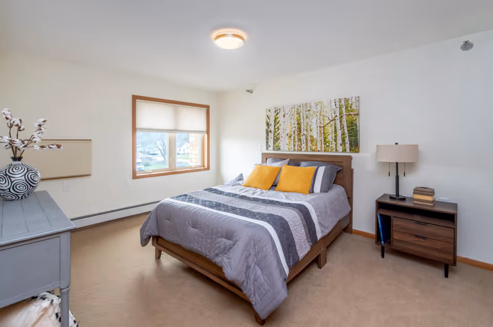 A bright bedroom with a wooden bed frame, gray and white striped bedding, and two yellow accent pillows. There is a nightstand with a lamp and some books on the right side of the bed. A large window with a beige blind lets in natural light. A piece of artwork depicting birch trees hangs above the bed. A gray dresser with a decorative vase is on the left side of the room.