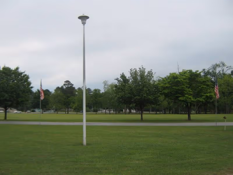 A grassy lawn with a central lamppost, trees in the background and American flags on poles under an overcast sky.