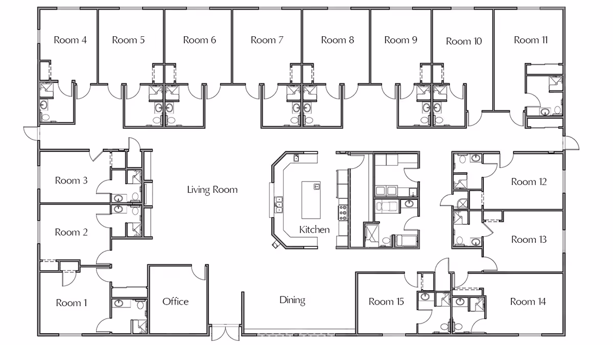 Black-and-white floor plan for BeeHive Homes of Taylor Ranch showing 15 labeled rooms arranged around a central living room, kitchen, dining area, and office.