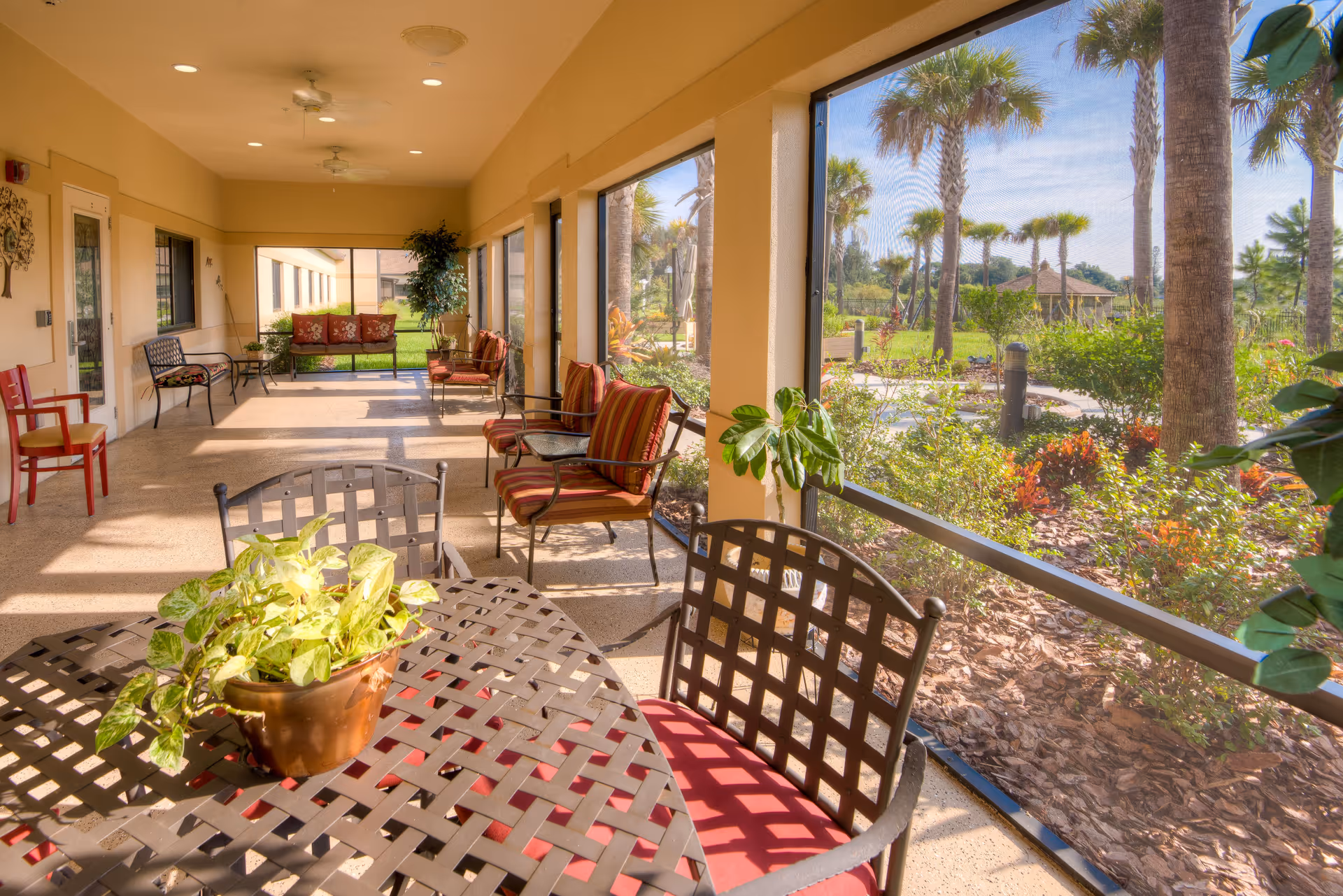A screened-in outdoor patio area with several metal chairs and tables, some with red cushions. There is a potted plant on the table in the foreground. The patio overlooks a garden with palm trees and various shrubs under a clear blue sky.