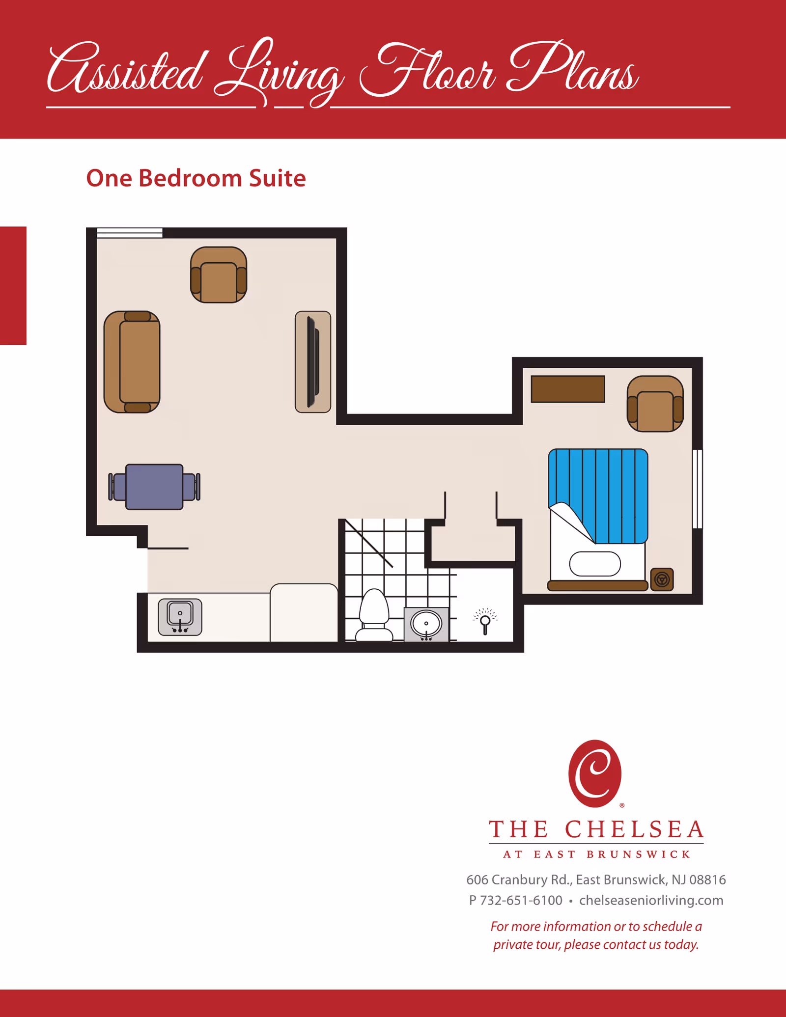 Floor plan of a one bedroom suite in an assisted living facility showing a living area with sofa, chair, TV, and table, a kitchen area with sink, a bathroom with toilet and sink, and a bedroom with a bed, nightstand, and chair.