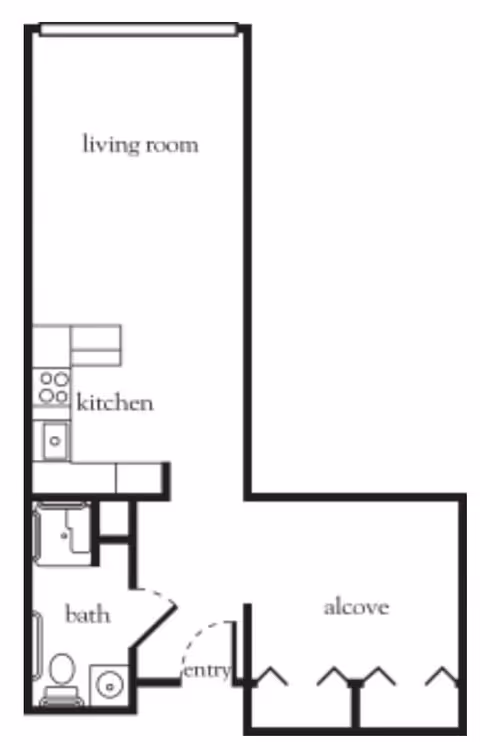 Floor plan layout showing a living room, kitchen, bath, entry, and alcove area.