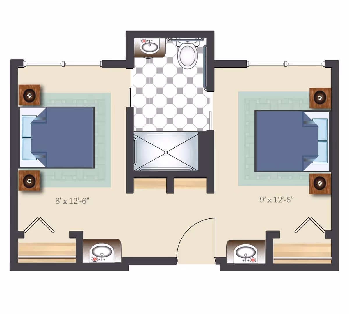 Floor plan of a living space with two bedrooms on either side, each containing a bed and two nightstands. The left bedroom measures 8 feet by 12 feet 6 inches, and the right bedroom measures 9 feet by 12 feet 6 inches. Between the bedrooms is a bathroom with a sink, toilet, and shower. Each bedroom has a closet with a sink outside it.