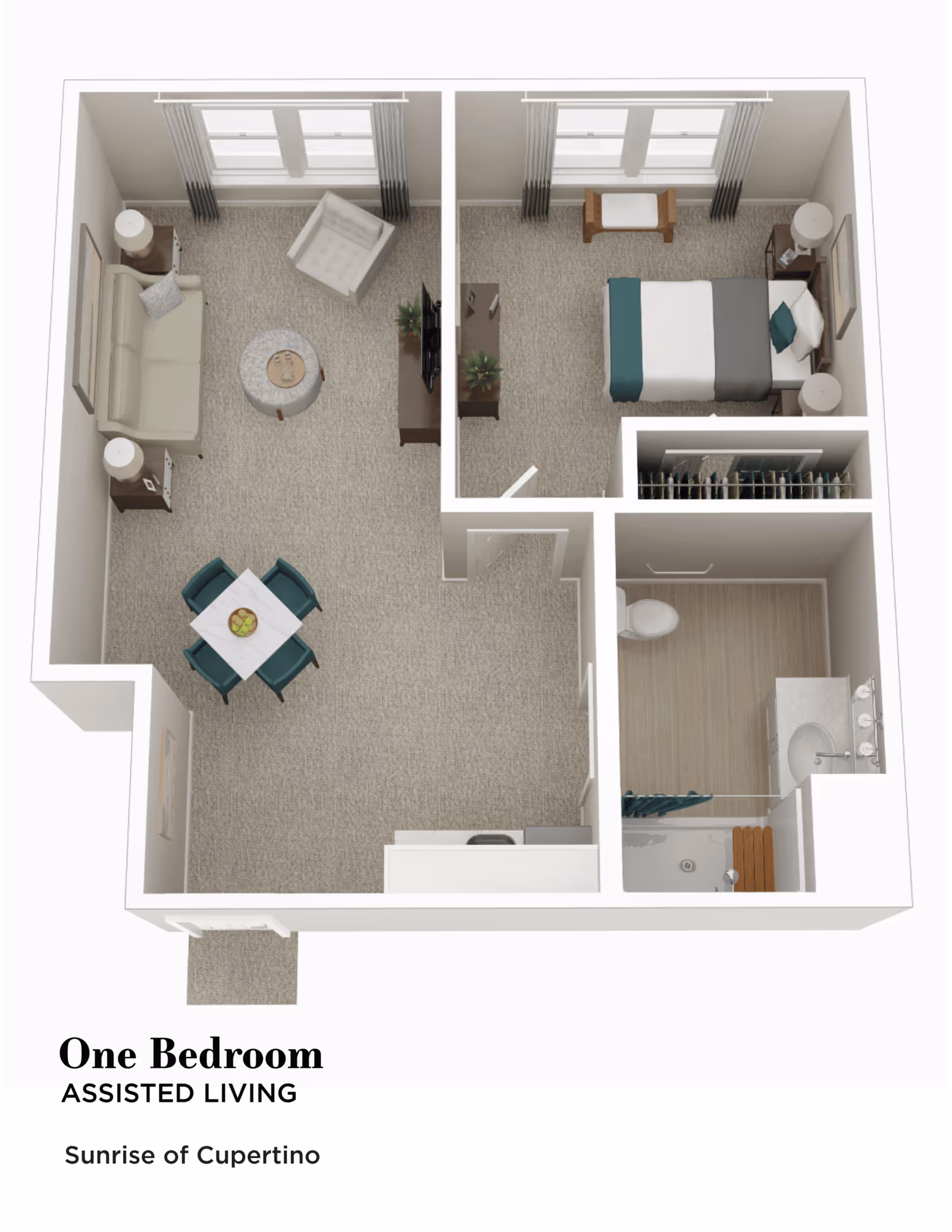 3D floor plan of a one-bedroom assisted living apartment at Sunrise of Cupertino, showing a living room with sofa, armchair, coffee table, and dining table with four chairs, a bedroom with a bed, nightstands, and a bench by the window, and a bathroom with a shower, toilet, and sink.