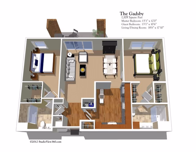 3D floor plan of The Gadsby apartment at The Fairfax at Belvoir Woods showing a layout with two bedrooms, a living/dining room, kitchen, two bathrooms, and closets. The master bedroom measures 13'1" x 12'0", the guest bedroom 13'1" x 10'6", and the living/dining room 18'6" x 17'10". The plan includes furniture placement and flooring details.