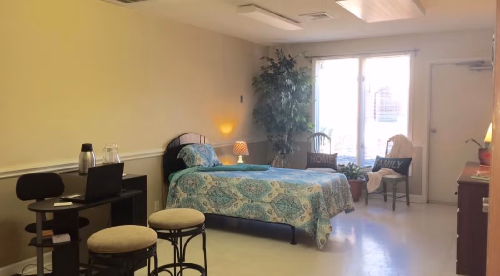 A bright, sparsely furnished bedroom with a single bed covered in a patterned quilt, a small desk, two chairs, potted plants and a large window.
