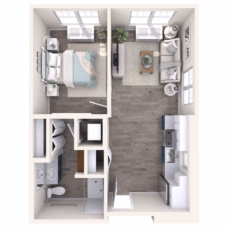 Top-down rendered floor plan of a one-bedroom apartment showing a bedroom, bathroom, kitchen, and living area.