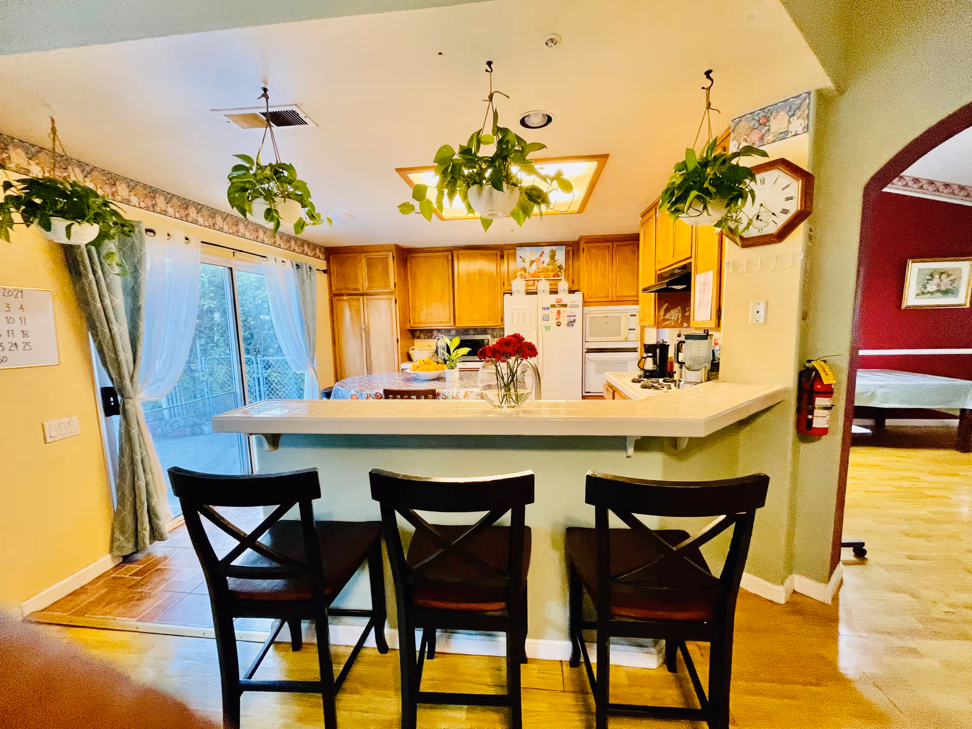 Open kitchen with a breakfast bar and three stools, hanging plants, wooden cabinets and a sliding glass door.