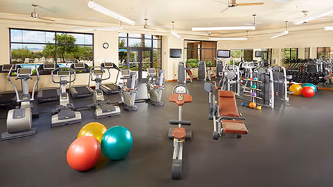 A spacious fitness room with exercise equipment including treadmills, stationary bikes, weight machines, and colorful exercise balls. Large windows allow natural light to fill the room, and mirrors line one wall reflecting the equipment and space.