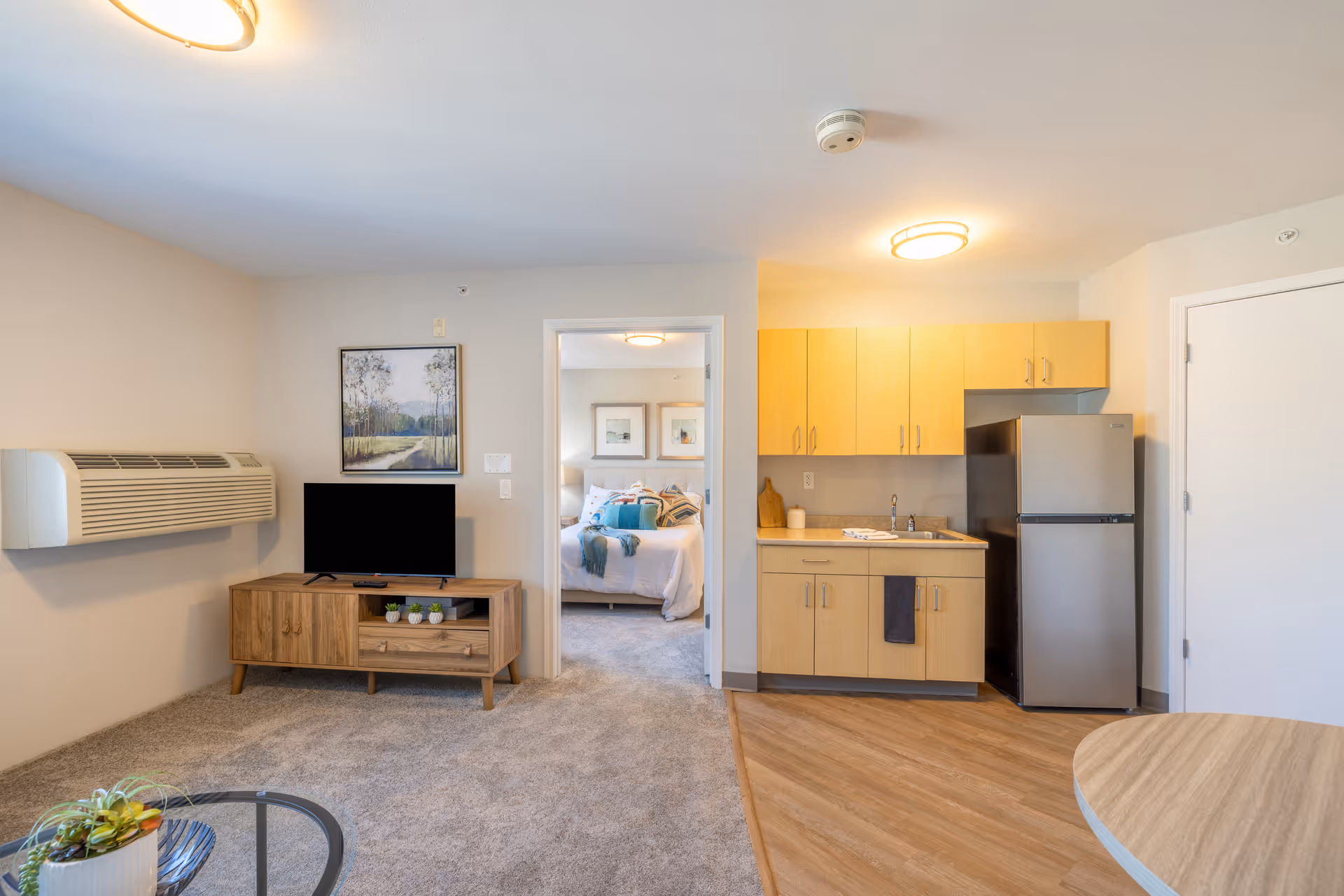 Bright open living area with a TV console, kitchenette with fridge and sink, and a view into a furnished bedroom.