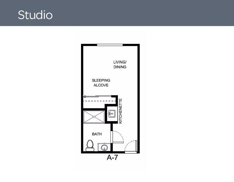Black-and-white studio floor plan labeled A-7 showing a living/dining area, sleeping alcove, kitchenette and bath.