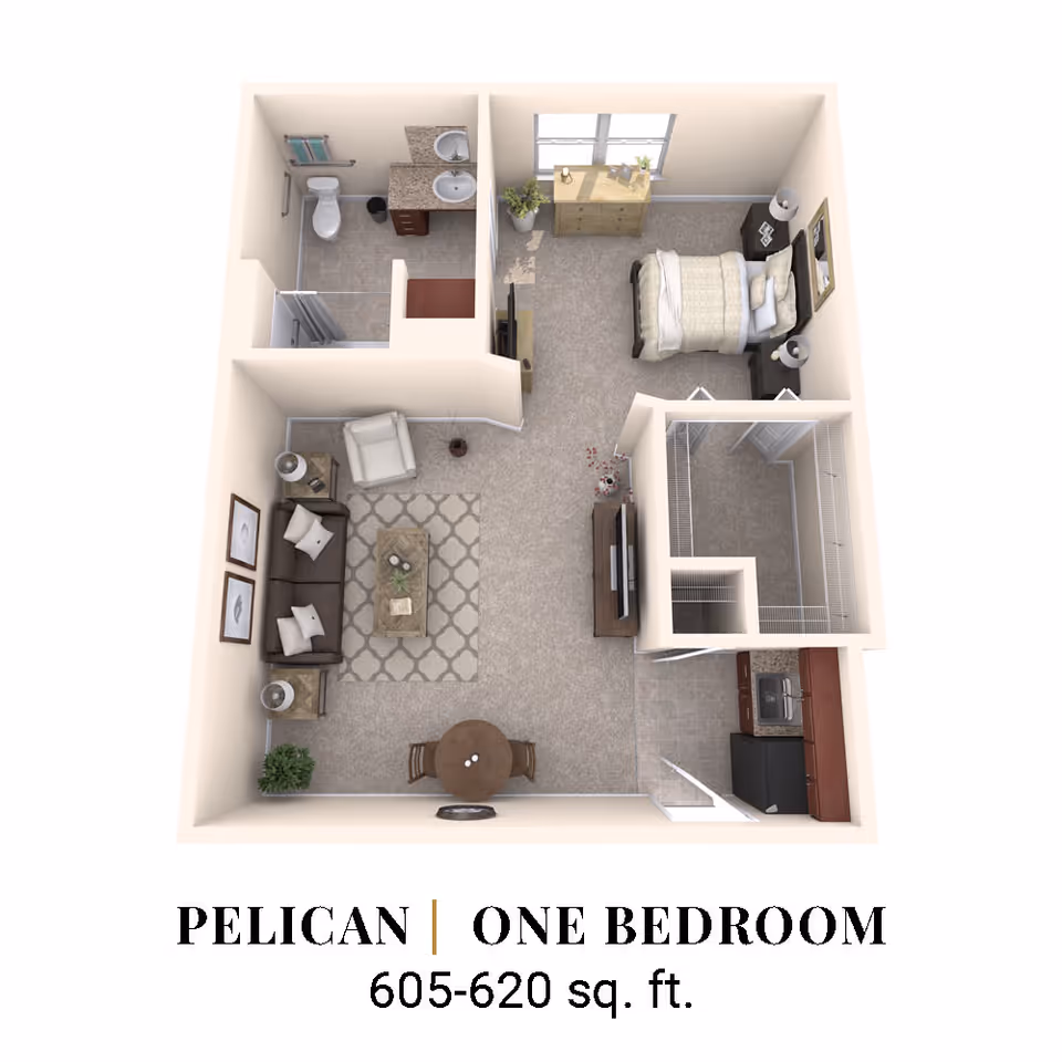3D floor plan rendering of a one-bedroom apartment showing a living room, kitchen, bedroom, bathroom, and closet.
