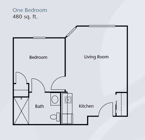 Floor plan of a one-bedroom apartment with 480 square feet, showing a bedroom, bath, kitchen, and living room.