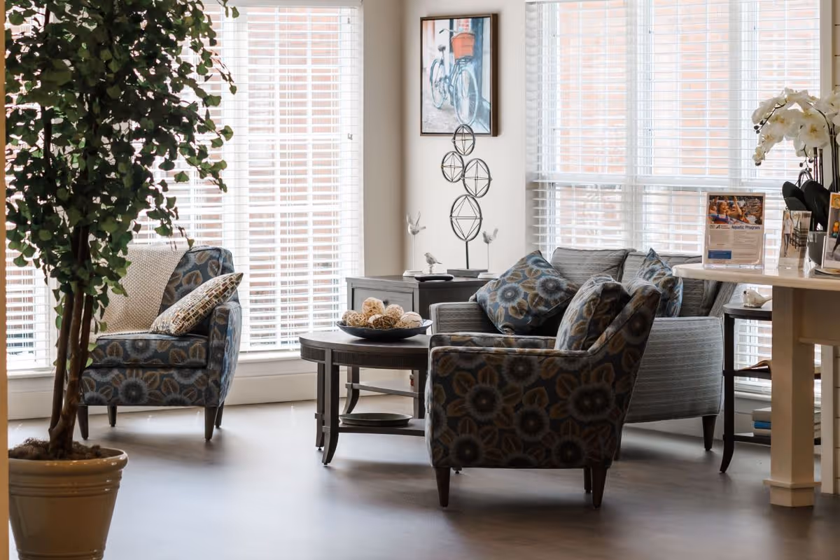 Sunlit seating area with patterned armchairs, a sofa, coffee table, and potted plant in front of large windows.