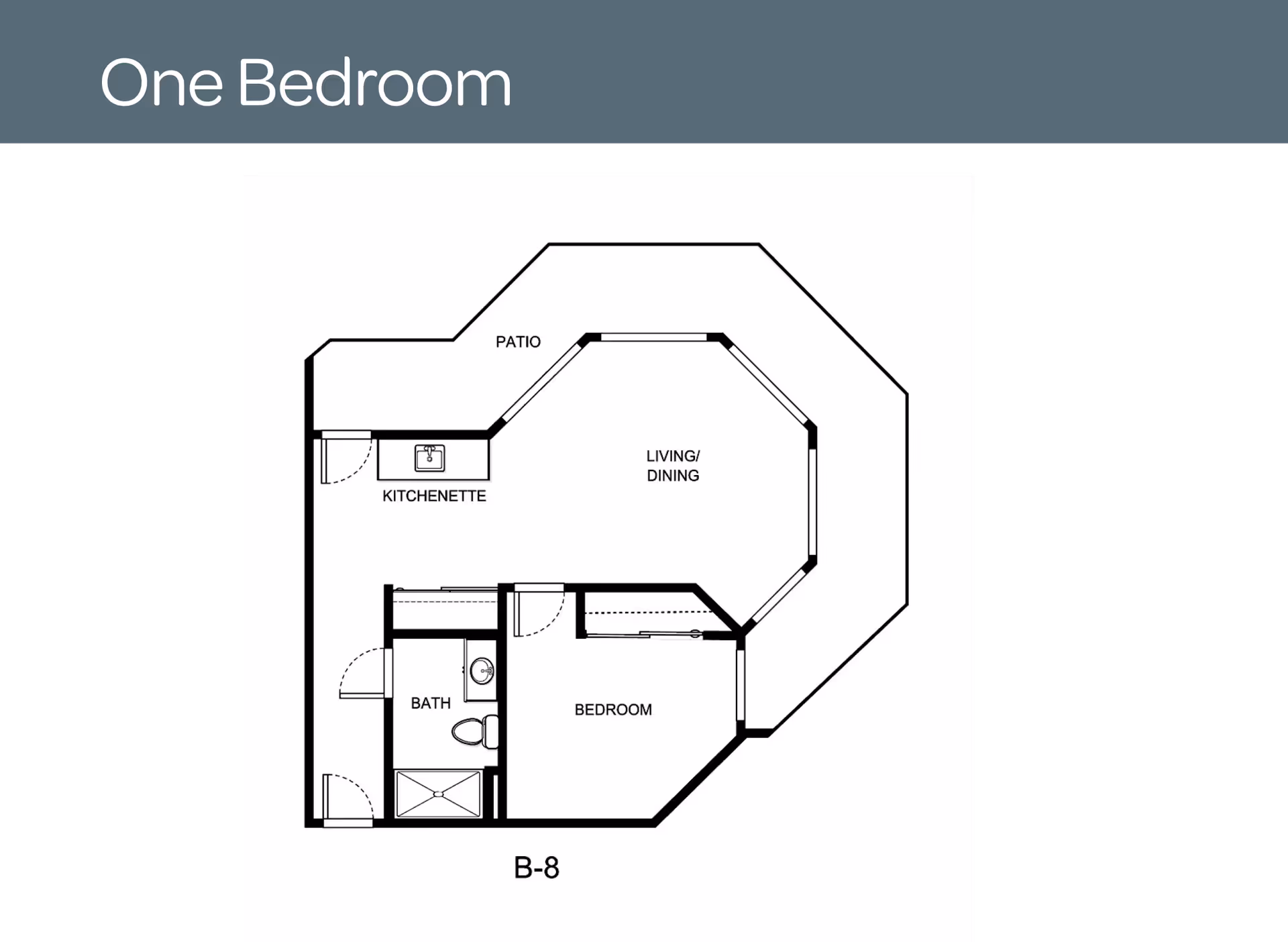 Floor plan labeled B-8 for a one bedroom unit at Holiday Briarcrest Estates, showing a bedroom, bath, kitchenette, living/dining area, and patio.
