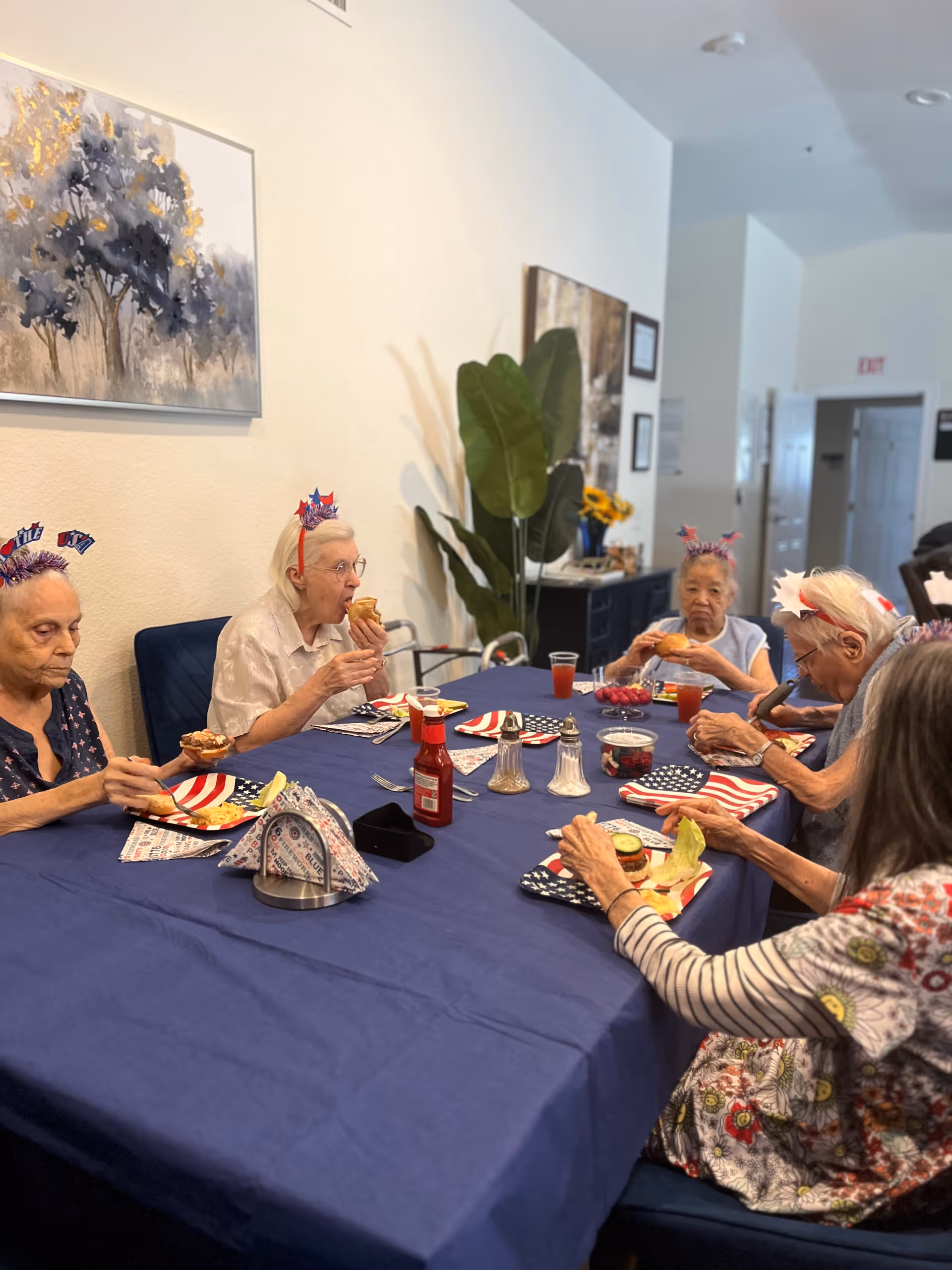 A group of elderly women sitting around a table covered with a blue tablecloth, eating sandwiches and enjoying a meal together. The table is set with American flag-themed napkins and plates, ketchup, salt and pepper shakers, and drinks. The room has light-colored walls, a large plant, and framed artwork on the wall.