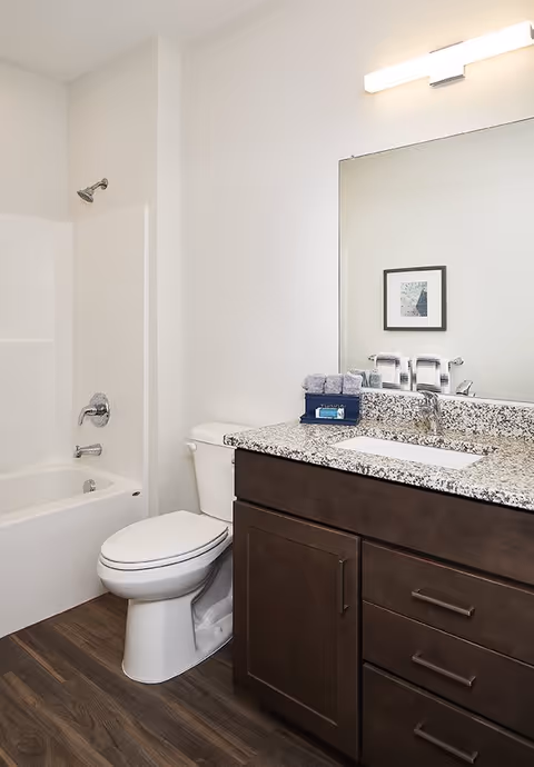 A clean and modern bathroom featuring a white bathtub with a showerhead, a white toilet, and a dark wood vanity with a granite countertop. On the countertop are neatly folded towels and a small box of tissues. A large mirror is mounted above the sink, reflecting a framed picture on the opposite wall. The floor has a wood-like finish.