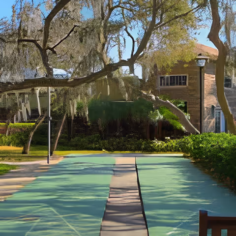 A shaded outdoor pathway lined with green bushes and large trees with hanging moss, leading towards a brick building with windows and a lamp post on the right side.