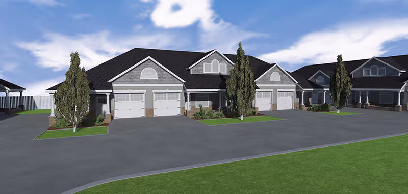 Architectural rendering of the front exterior of single-story attached assisted living units with garages, driveways, and landscaping.