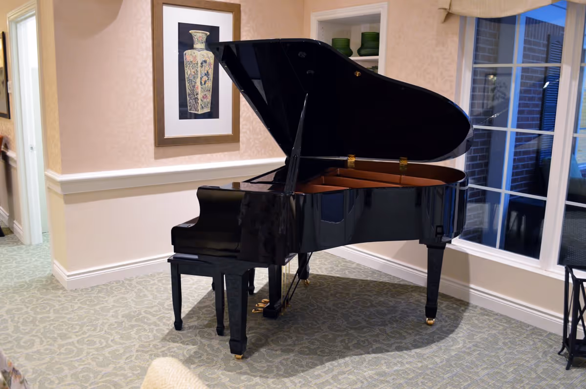 A black grand piano with its lid open is placed on a patterned carpet in a well-lit room. The room has beige walls with white trim, a framed picture of a vase on the wall, a window showing an outdoor brick wall, and a small shelf with green bowls.
