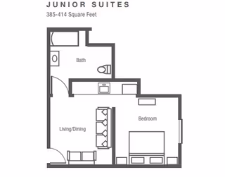 Floor plan of a junior suite at The Manor on Lawndale showing a combined living and dining area, a bedroom with a bed, and a bathroom with a bathtub and toilet. The suite size ranges from 385 to 414 square feet.