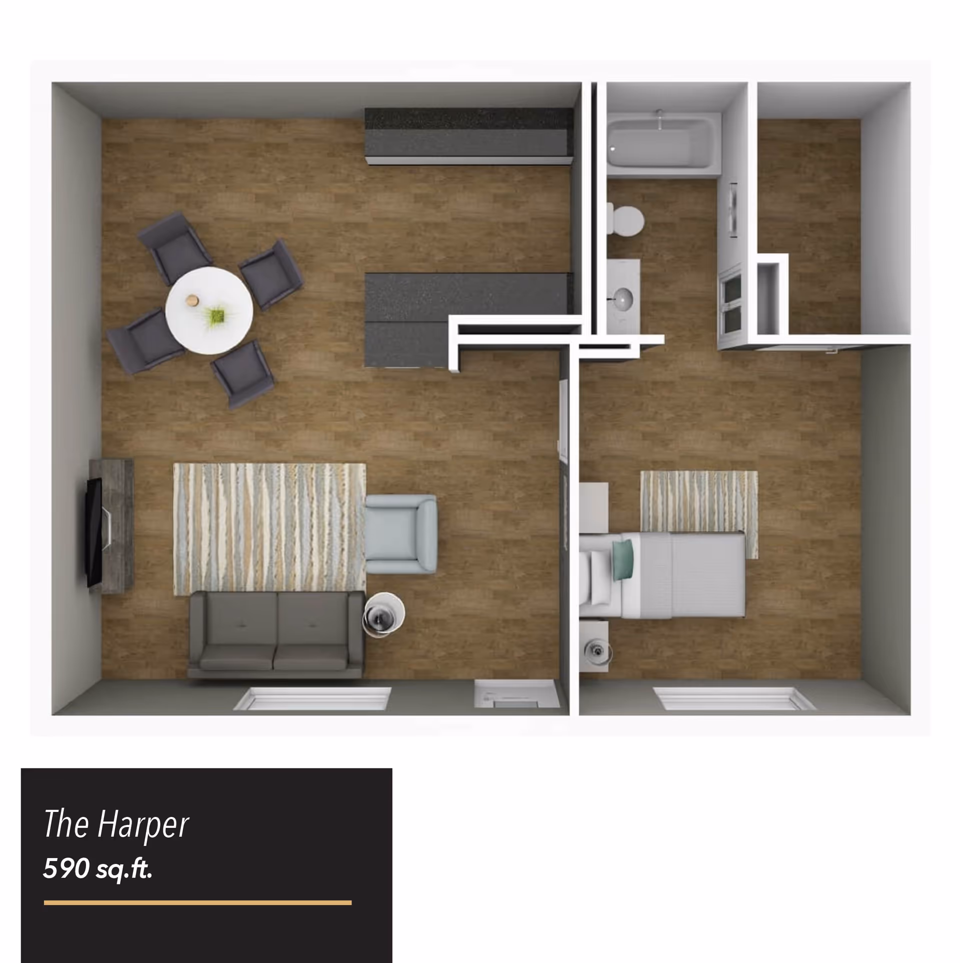 Top-down view of a floor plan named The Harper, showing a 590 sq.ft. apartment with a living room containing a sofa, armchair, TV, and round dining table with four chairs, a kitchen area with counters, a bedroom with a bed and nightstand, and a bathroom with a bathtub, toilet, and sink.