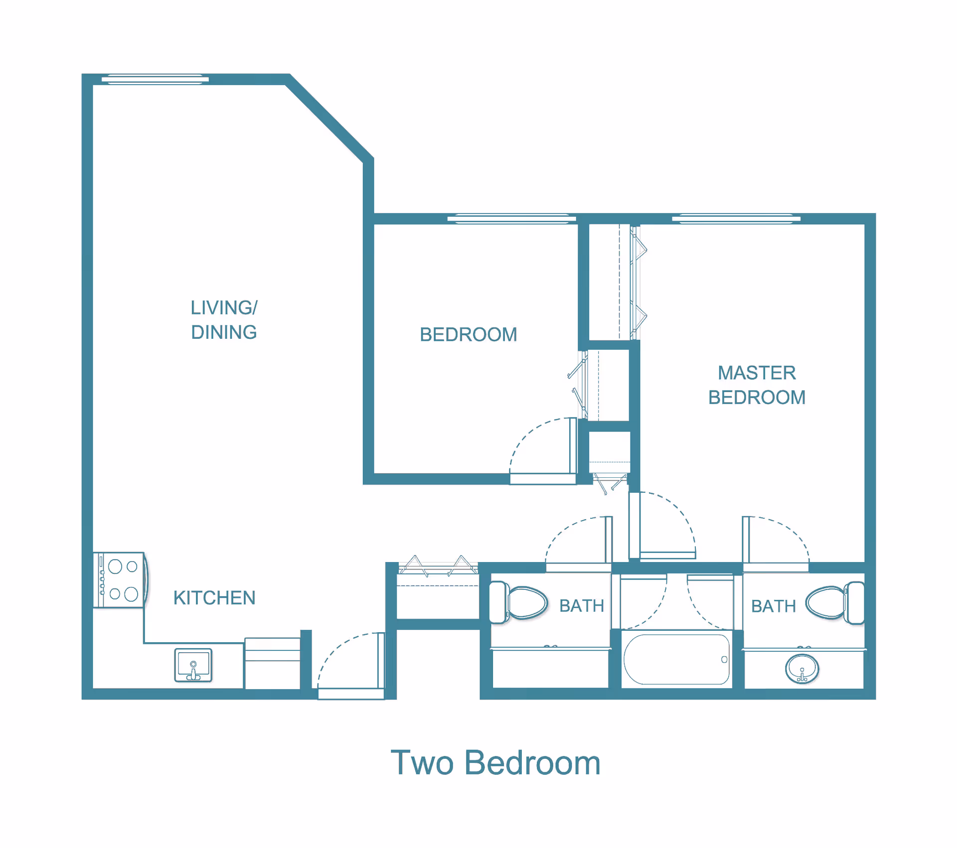 Floor plan of a two-bedroom apartment featuring a living/dining area, kitchen, one bedroom, a master bedroom, and two bathrooms.
