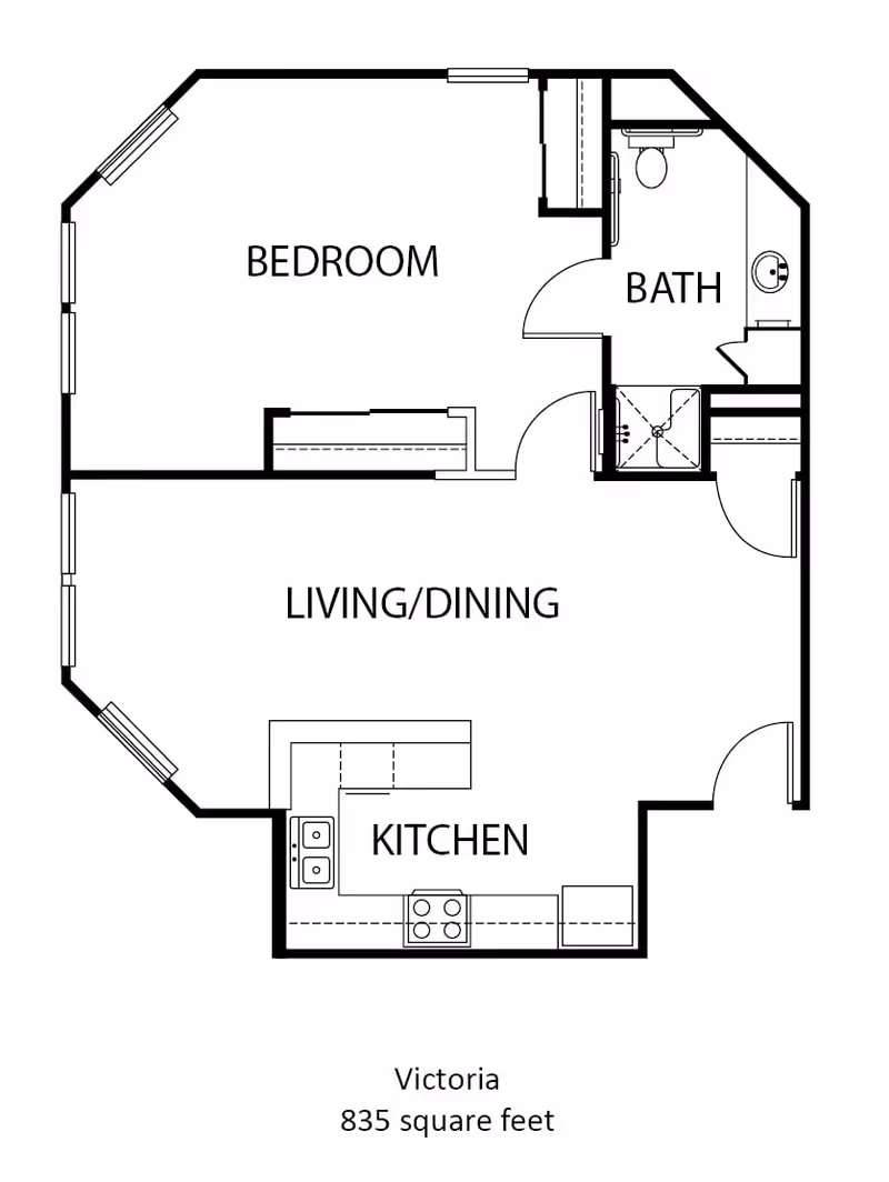 Floor plan of an 835 square feet apartment named Victoria at The Waterford at Baytown, showing a bedroom, bath, living/dining area, and kitchen.