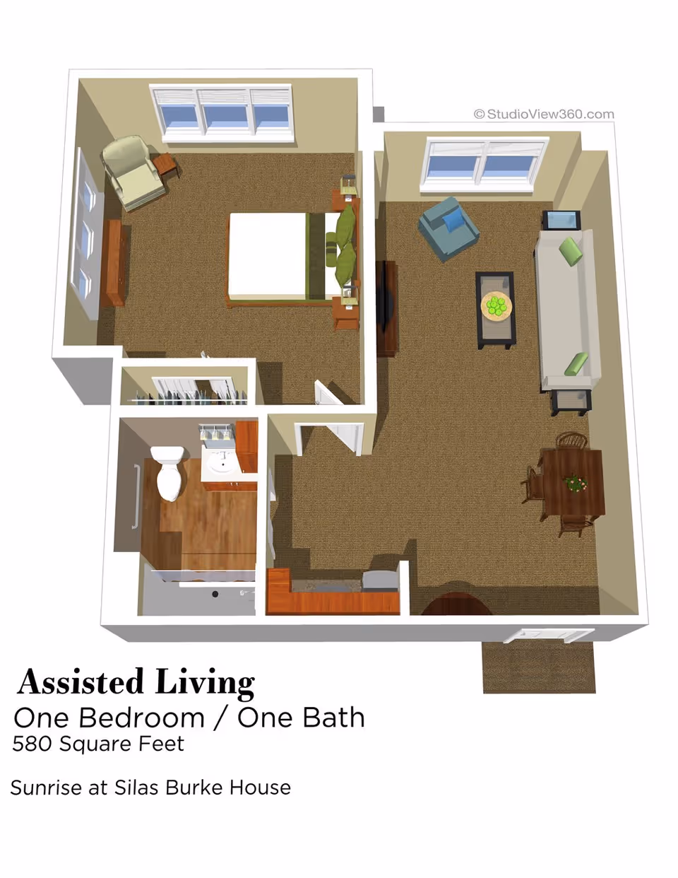 3D floor plan of an assisted living one-bedroom, one-bath apartment with 580 square feet. The layout includes a bedroom with a bed, armchair, and dresser; a bathroom with a toilet, sink, and shower; and a living room with a sofa, armchair, coffee table, TV, and dining table with chairs.