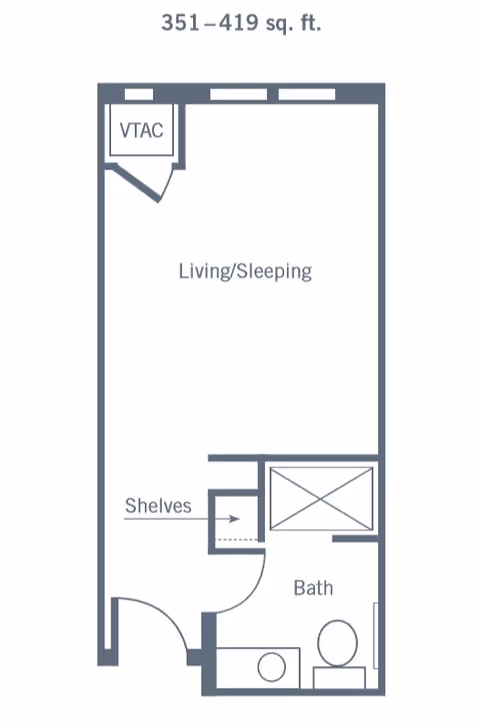 Floor plan of a studio apartment with a combined living and sleeping area, a bathroom, shelves, and a VTAC unit. The total area is between 351 and 419 square feet.
