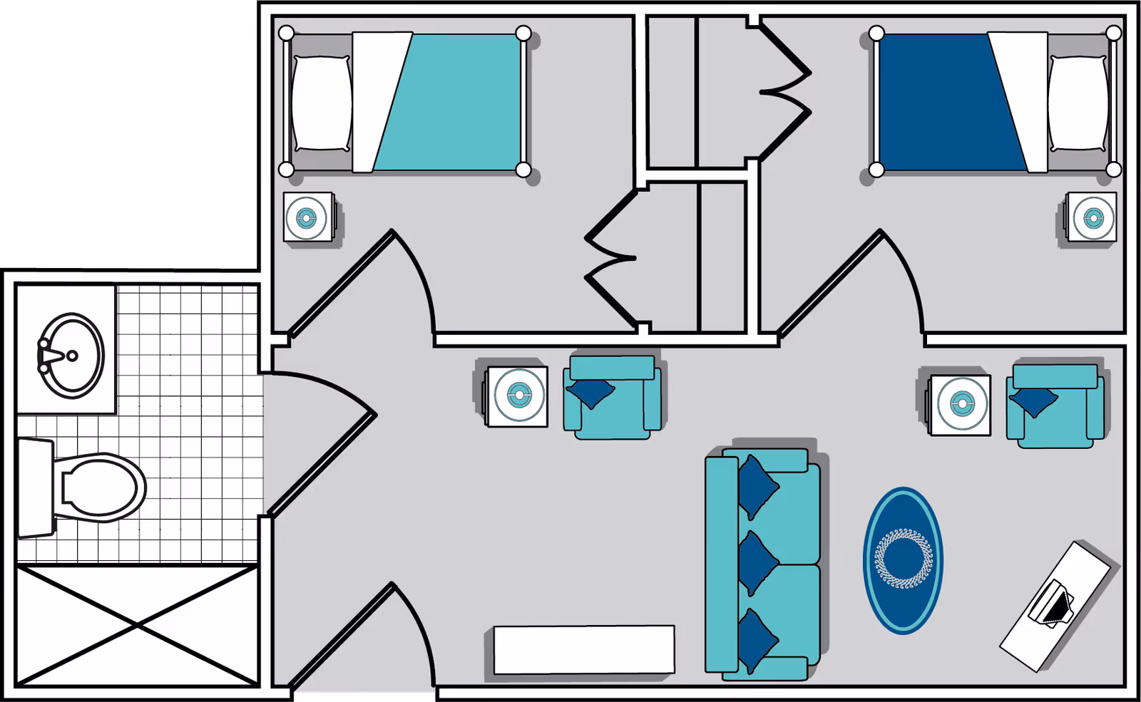Floor plan of a living space with two bedrooms, a bathroom, and a living room area. Each bedroom contains a bed and a nightstand. The living room has a sofa, two armchairs, a coffee table, and a TV stand. The bathroom includes a toilet and a sink.
