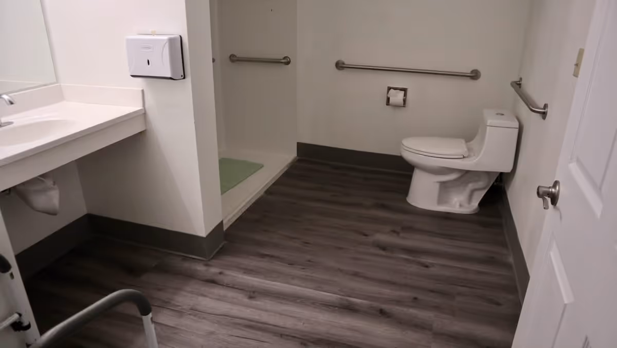 A clean, accessible bathroom with a white toilet, grab bars on the walls, a walk-in shower with a green bath mat, a white sink with a countertop, and a wall-mounted paper towel dispenser. The floor has dark wood-like vinyl flooring.