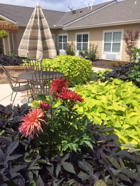 Outdoor patio area with a round metal table and chairs under a beige and white striped umbrella, surrounded by lush green and dark purple foliage and red flowers. The background shows a beige building with white-trimmed windows and a clear sky.