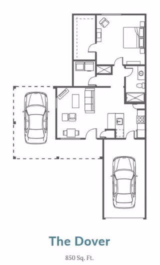 Architectural floor plan of a residence named The Dover, showing an 850 square feet layout with two garages, a living room, kitchen, bedroom, bathroom, and closets.
