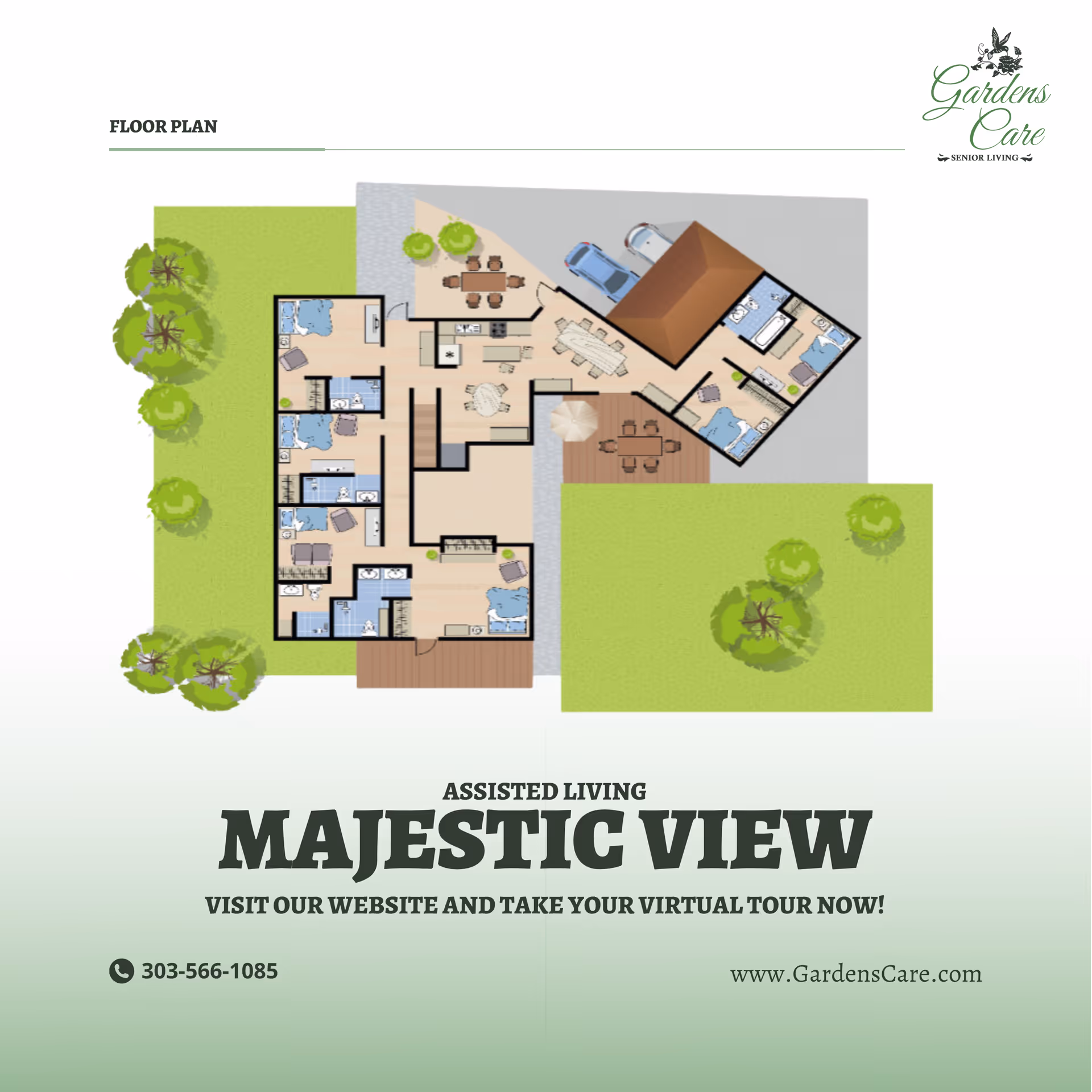 Floor plan of the Majestic View assisted living facility at Gardens Care Senior Living, showing multiple bedrooms, bathrooms, living areas, kitchen, dining spaces, outdoor patios, and parking area with cars, surrounded by green lawn and trees.