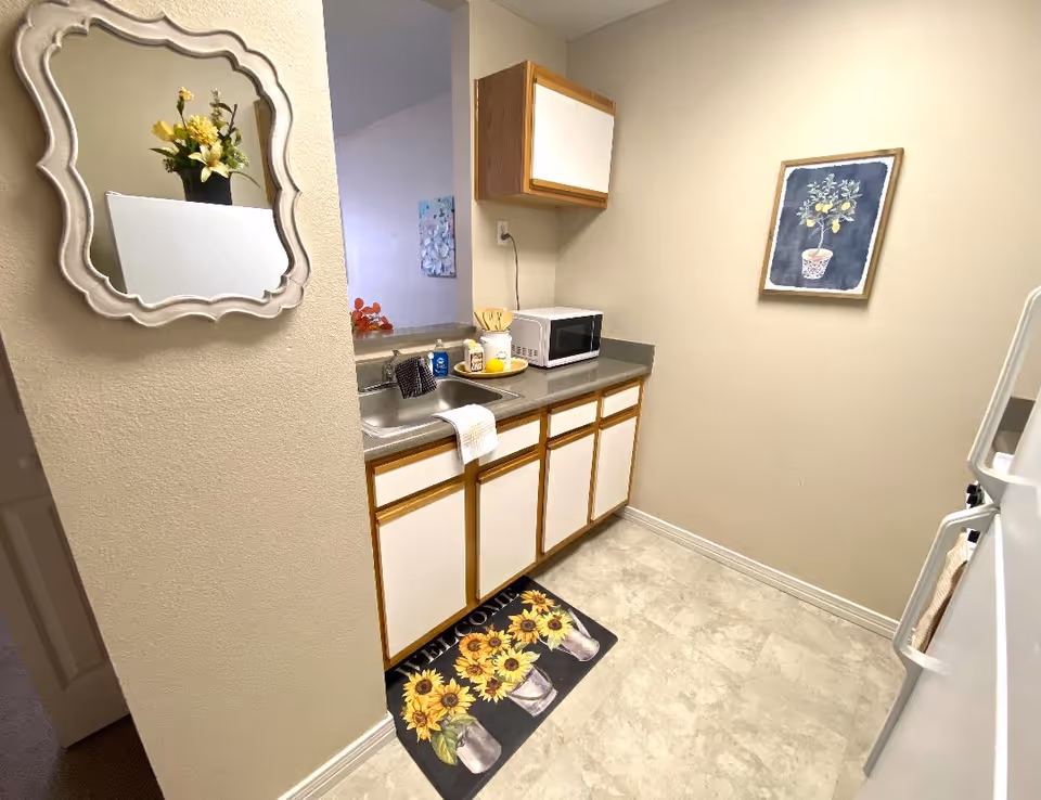 A small kitchen area with white cabinets and wooden trim, a gray countertop with a sink, a microwave, and various kitchen items including soap and utensils. A decorative mirror with a flower vase is on the left wall, and a framed picture of a lemon tree hangs on the right wall. A welcome mat with sunflowers is on the floor in front of the sink.