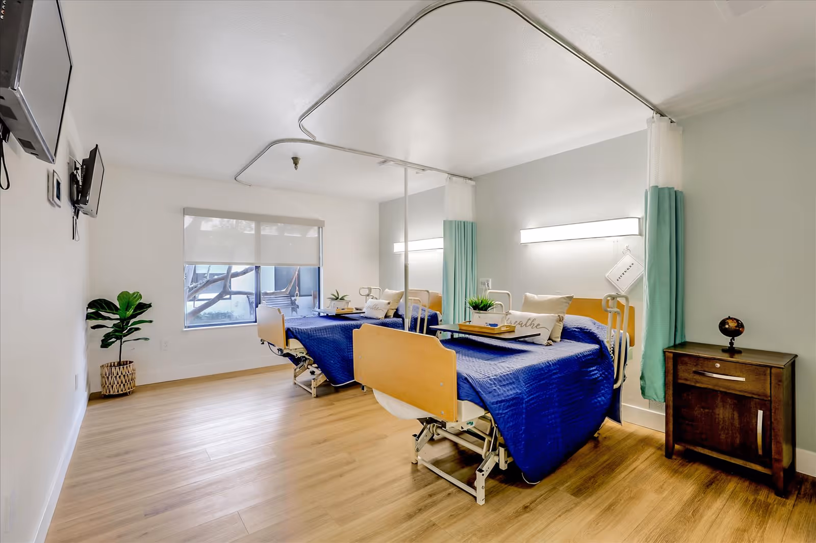 Bright shared patient bedroom with two hospital-style beds with blue covers, privacy curtains, a window and a wall-mounted TV.