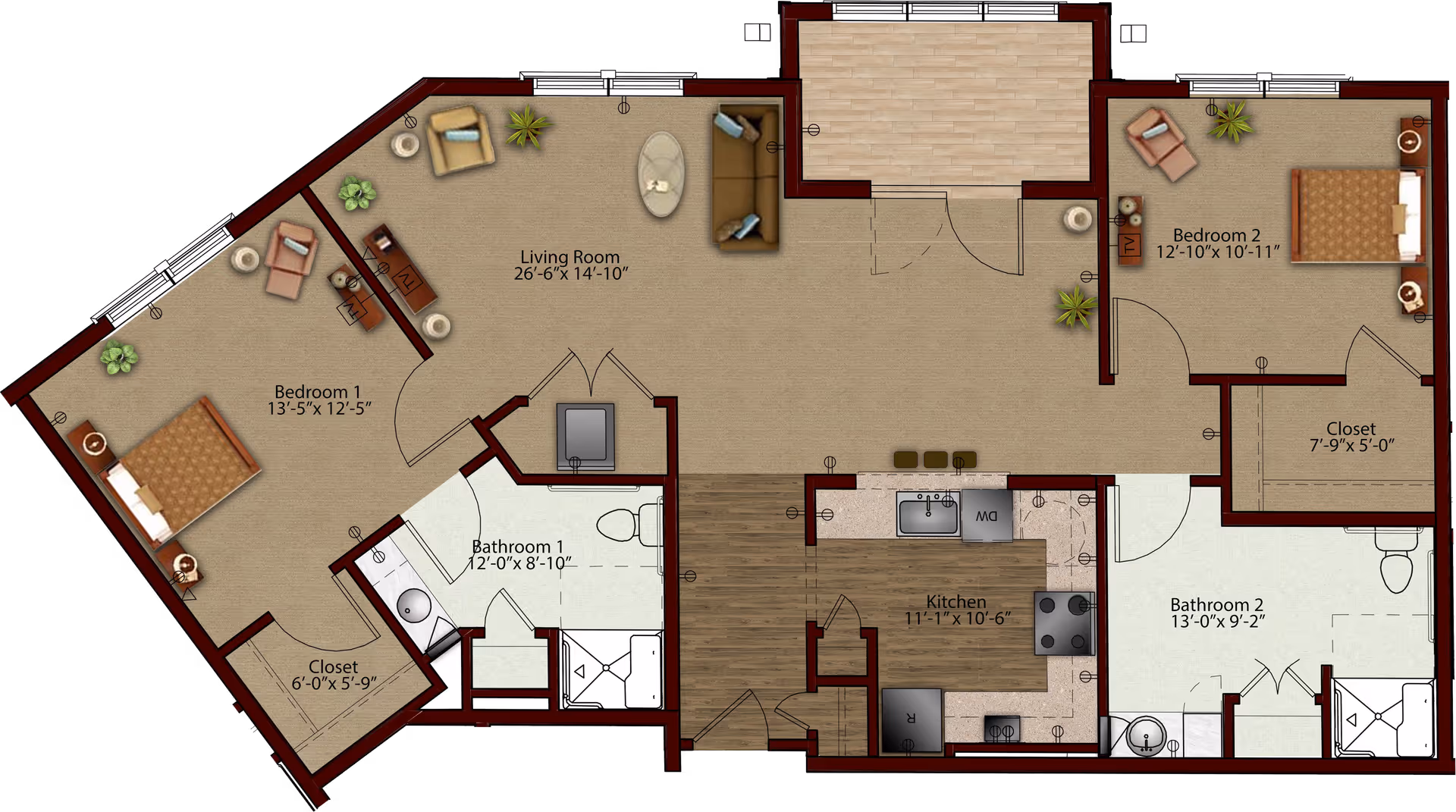 Floor plan of a residential unit at Harmony at Avon showing two bedrooms, two bathrooms, a living room, a kitchen, and closets. The living room is centrally located with furniture, and the kitchen includes appliances and a dining counter. Each bedroom has a closet, and the bathrooms are equipped with standard fixtures.