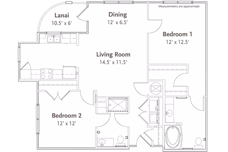 Floor plan of a residential unit at Sandalwood Village showing two bedrooms, a living room, dining area, kitchen, lanai, and two bathrooms with approximate measurements.