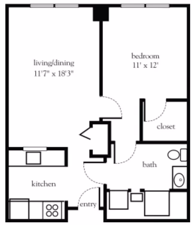 Floor plan of a one-bedroom apartment at Atria Rye Brook showing a living/dining area measuring 11 feet 7 inches by 18 feet 3 inches, a bedroom measuring 11 feet by 12 feet with a closet, a bathroom, a kitchen, and an entry area.